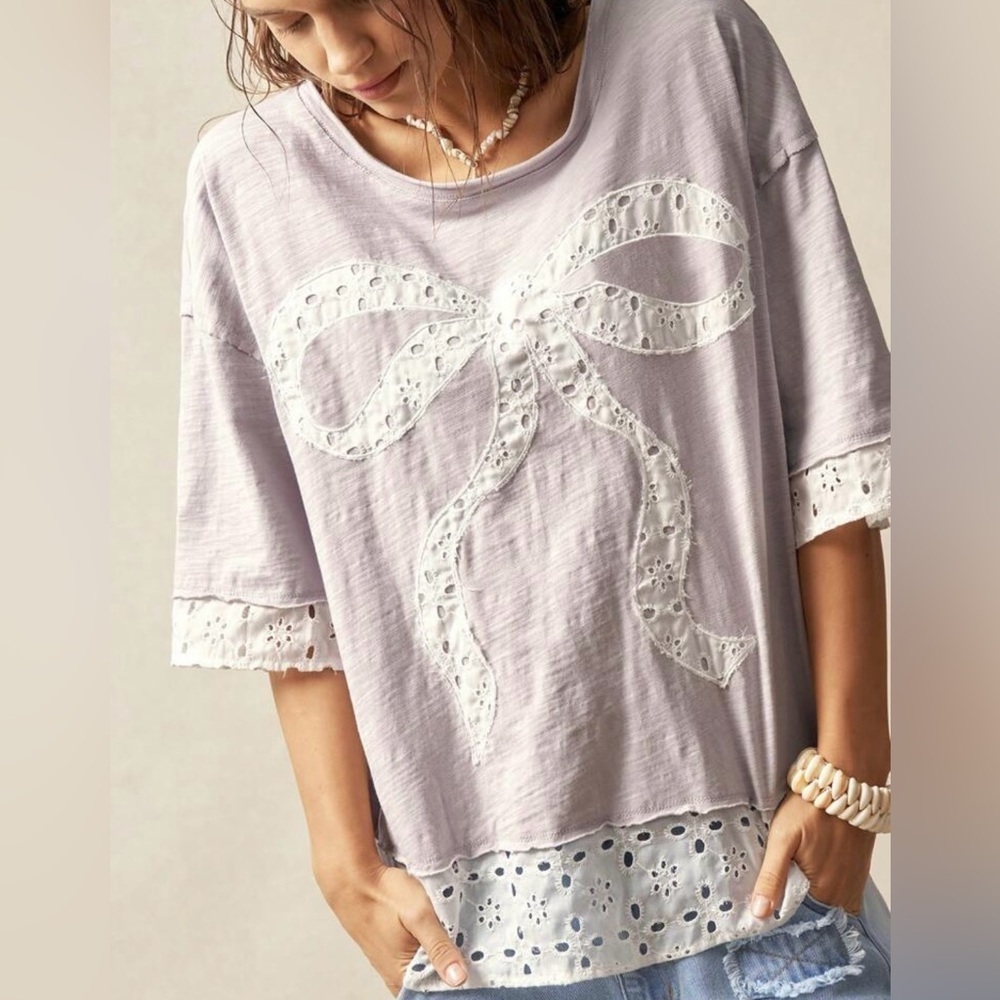 Women's Lace Bow Top - Light Gray - Picture 5 of 10